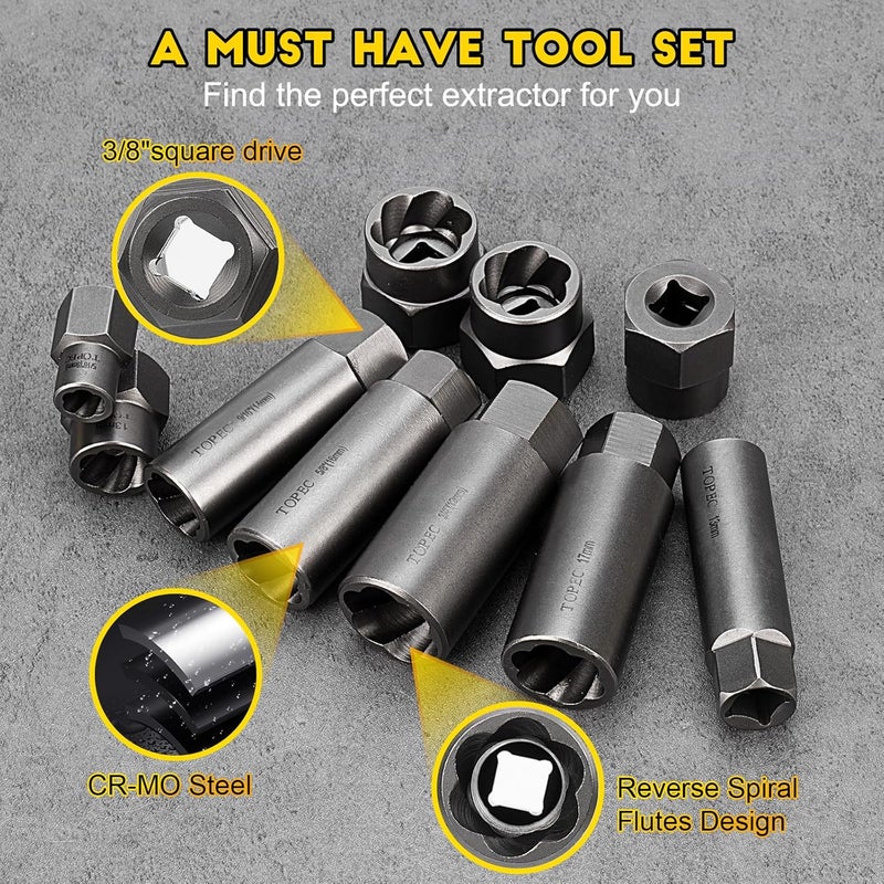 Topec Deep Bolt Extractor Set 28PCS, 3/8" Drive Bolt Extractor Kit, Spark Plug Extractor Socket Set, Lug Nut Removal Tool for Stripped, Broken, Rounded Bolts Lug Nut Stud Remove - Image 5